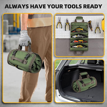 Green Heavy Duty Roll-Up Tool Bag Organizer - Waterproof Oxford Fabric Pouch with Multiple Pockets.