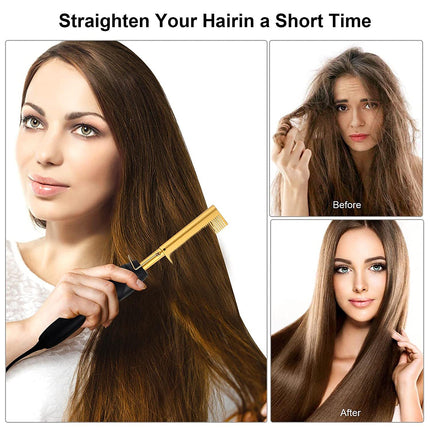 Black Electric Hot Comb Hair Straightener - Fast Heating Styling Tool with 3 Temp Settings & Anti-Scald Guard.