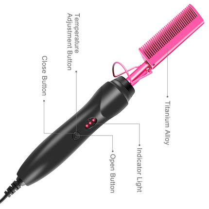 Rose Red And Black Electric Hot Comb Hair Straightener - Fast Heating Styling Tool with 3 Temp Settings & Anti-Scald Guard.