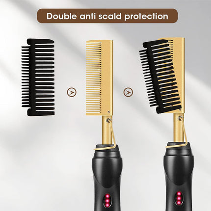 Rose Red And Black Electric Hot Comb Hair Straightener - Fast Heating Styling Tool with 3 Temp Settings & Anti-Scald Guard.