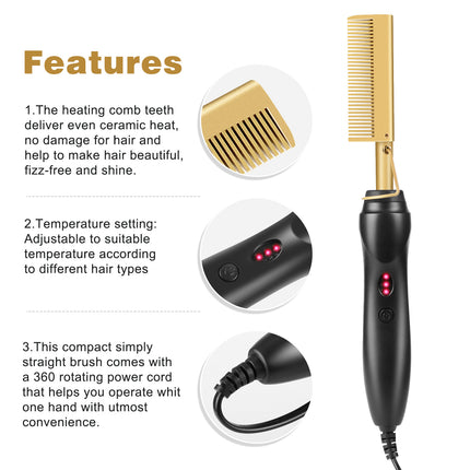 Rose Red And Black Electric Hot Comb Hair Straightener - Fast Heating Styling Tool with 3 Temp Settings & Anti-Scald Guard.