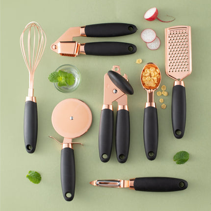 Black And Rose Gold 7-Piece Kitchen Gadget Set - Stainless Steel Utensils with Comfort Grip Handles.
