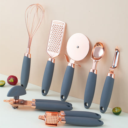 Grey And Rose Gold 7-Piece Kitchen Gadget Set - Stainless Steel Utensils with Comfort Grip Handles.