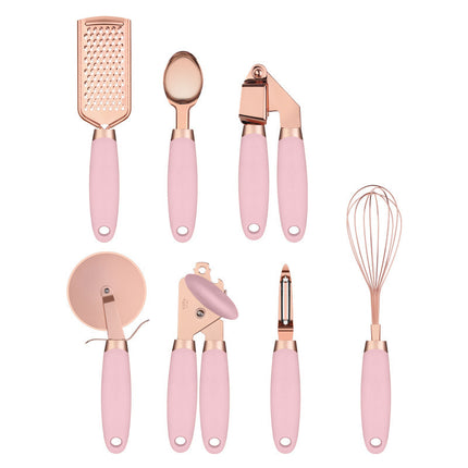 Pink And Rose Gold 7-Piece Kitchen Gadget Set - Stainless Steel Utensils with Comfort Grip Handles.