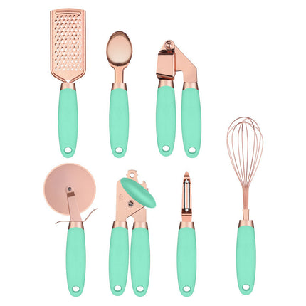 Green And Rose Gold 7-Piece Kitchen Gadget Set - Stainless Steel Utensils with Comfort Grip Handles.