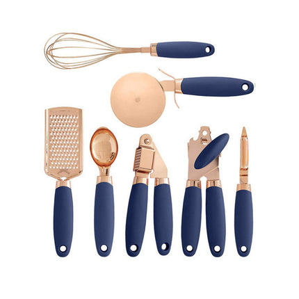 Blue And Rose Gold 7-Piece Kitchen Gadget Set - Stainless Steel Utensils with Comfort Grip Handles.