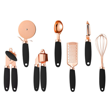 Blue And Rose Gold 7-Piece Kitchen Gadget Set - Stainless Steel Utensils with Comfort Grip Handles.