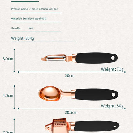 Blue And Rose Gold 7-Piece Kitchen Gadget Set - Stainless Steel Utensils with Comfort Grip Handles.