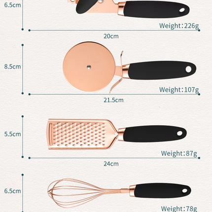 Blue And Rose Gold 7-Piece Kitchen Gadget Set - Stainless Steel Utensils with Comfort Grip Handles.