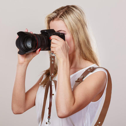 Coffee Adjustable Genuine Leather Camera Strap - Crossbody Shoulder Sling for DSLR/SLR(The camera is a prop and is not included).
