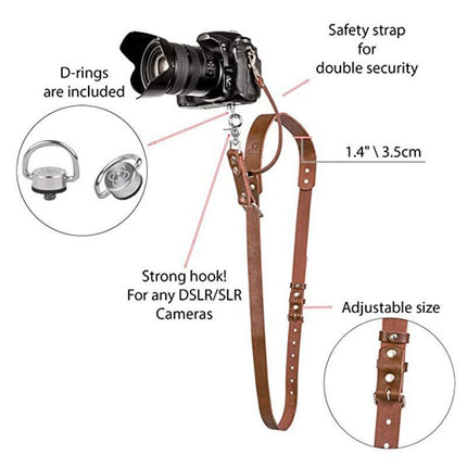 Black Adjustable Genuine Leather Camera Strap - Crossbody Shoulder Sling for DSLR/SLR(The camera is a prop and is not included).