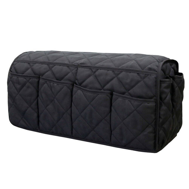 2 Pcs Black Quilted Sofa Armrest Organizer Caddy - Multi-Pocket Remote Control Holder Bag.