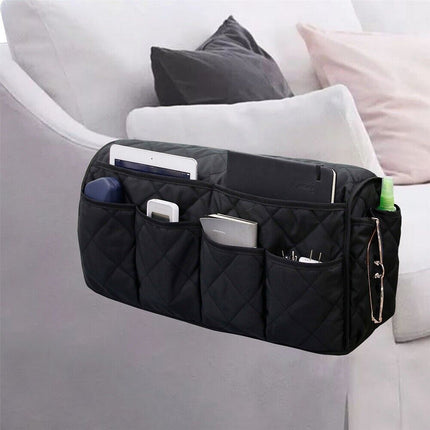 2 Pcs Black Quilted Sofa Armrest Organizer Caddy - Multi-Pocket Remote Control Holder Bag.