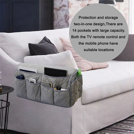 2 Pcs Blue Quilted Sofa Armrest Organizer Caddy - Multi-Pocket Remote Control Holder Bag.