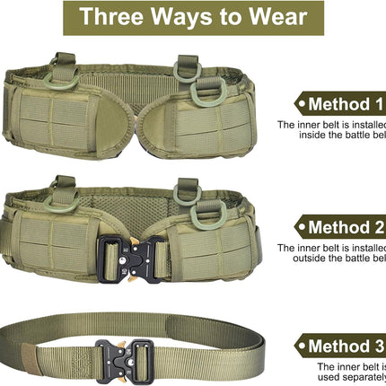 Green Adjustable Tactical Battle Belt Set - Padded MOLLE Outer & Nylon Inner Belt.