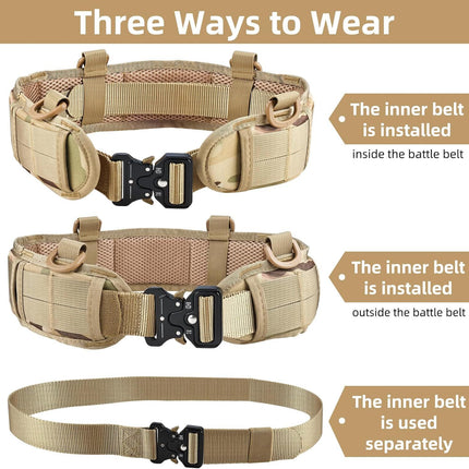 Khaki Adjustable Tactical Battle Belt Set - Padded MOLLE Outer & Nylon Inner Belt.