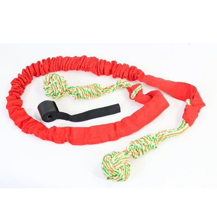 Red And Colored Cotton Balls Interactive Bungee Dog Tug Toy - Hanging Rope Ball for Solo Play & Exercise.
