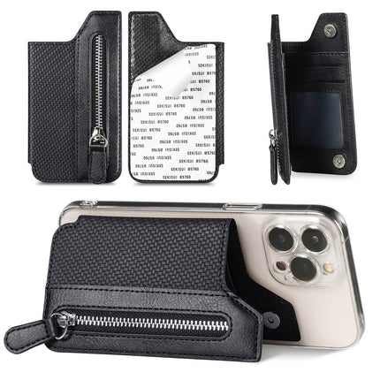 2 Pcs Black Multifunction Stick-On Phone Wallet - PU Leather Card Holder with Zipper & Flip Cover.