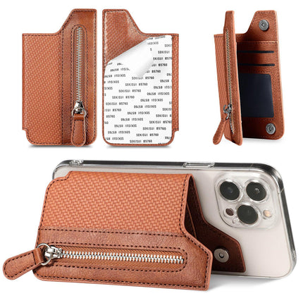 2 Pcs Brown Multifunction Stick-On Phone Wallet - PU Leather Card Holder with Zipper & Flip Cover.