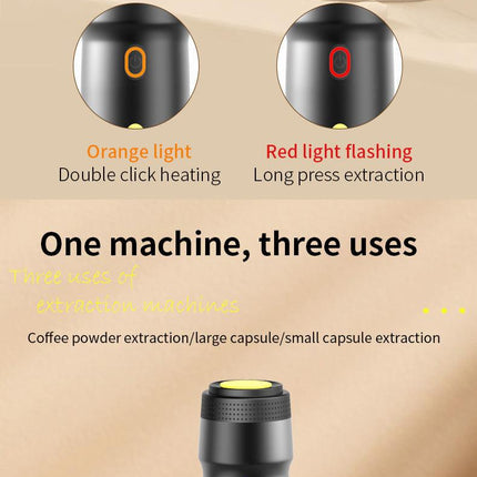 Black 3-in-1 Portable Electric Espresso Maker - Rechargeable Travel Coffee Machine for Capsules & Ground Coffee.