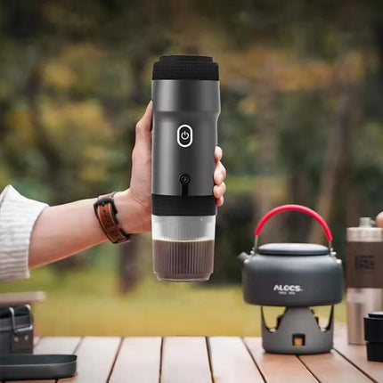 Black 3-in-1 Portable Electric Espresso Maker - Rechargeable Travel Coffee Machine for Capsules & Ground Coffee.