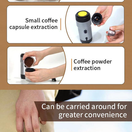 White 3-in-1 Portable Electric Espresso Maker - Rechargeable Travel Coffee Machine for Capsules & Ground Coffee.