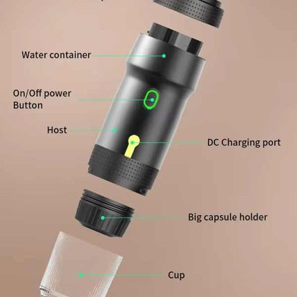 Green 3-in-1 Portable Electric Espresso Maker - Rechargeable Travel Coffee Machine for Capsules & Ground Coffee.