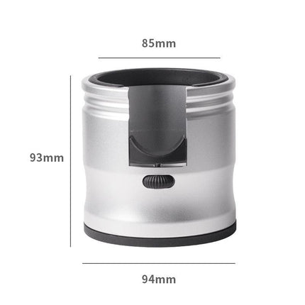 Silver Round Professional Aluminum Espresso Tamping Station - Adjustable Portafilter Holder Stand.