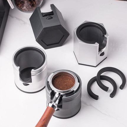 Silver Round Professional Aluminum Espresso Tamping Station - Adjustable Portafilter Holder Stand.