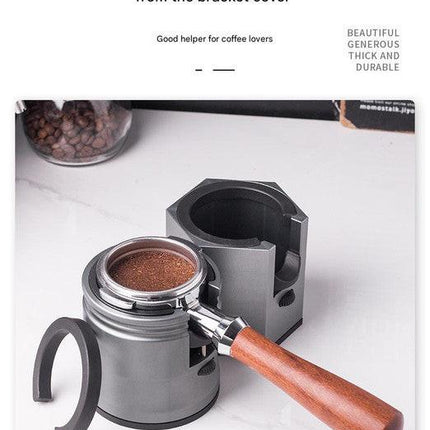 Silver Round Professional Aluminum Espresso Tamping Station - Adjustable Portafilter Holder Stand.