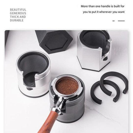Dark Grey Round Professional Aluminum Espresso Tamping Station - Adjustable Portafilter Holder Stand.