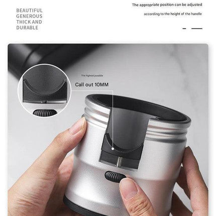 Dark Grey Round Professional Aluminum Espresso Tamping Station - Adjustable Portafilter Holder Stand.
