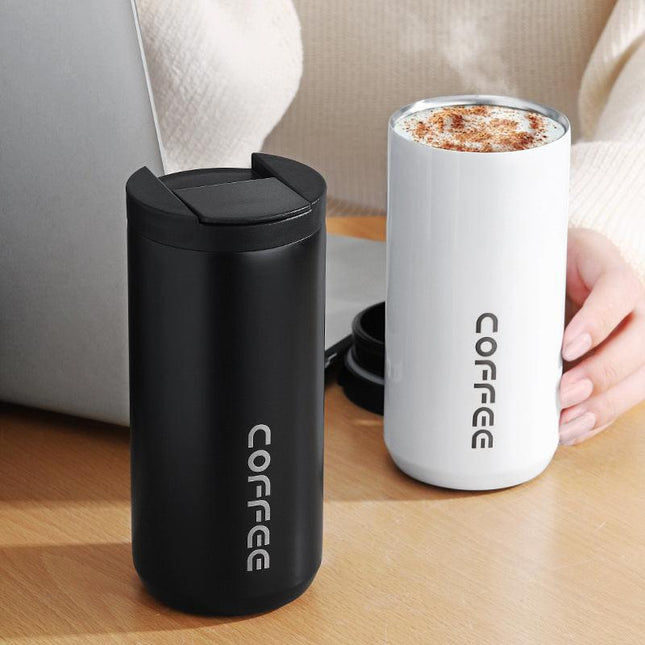 Black Sleek Insulated Stainless Steel Coffee Tumbler Set (400ml & 500ml) - One-Touch Lid Travel Mugs.