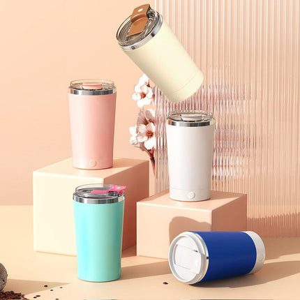 White 316 Stainless Steel Rechargeable Electric Self-Stirring Mug - 420ml Automatic Mixing Cup with Magnetic Rotor.