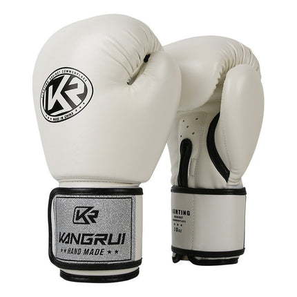 White And Silver Durable 10oz PU Leather Boxing Gloves - Padded & Ventilated for Training.
