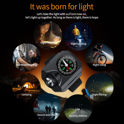 XPG Wrist Light for Outdoor Camping - Rechargeable LED Running Light with Compass and Watch for Survival and Adventure.
