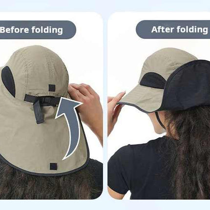 Black Wide Brim Sun Hat with Cape - Foldable UV Protection - 10cm Brim.