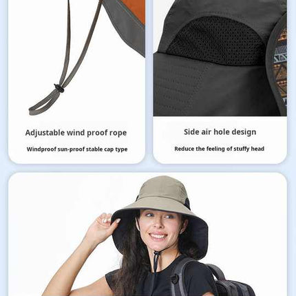 Black Wide Brim Sun Hat with Cape - Foldable UV Protection - 10cm Brim.