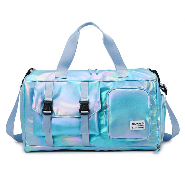 Blue Iridescent Gym Bag with Wet-Dry Separation - Large Capacity Travel and Fitness Duffel.