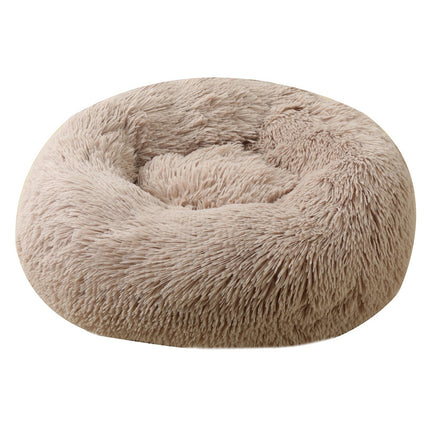 Khaki 50cm Cozy Round Pet Bed - Plush Cat & Dog Bed with Non-Slip Base, Machine Washable.