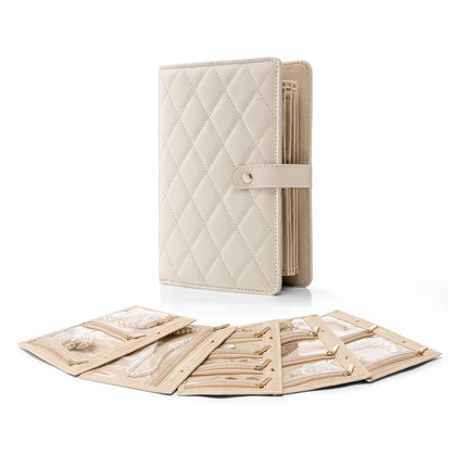 White Foldable Travel Jewelry Organizer - Velvet Zippered Case with Transparent Pages & Detachable Pouches.