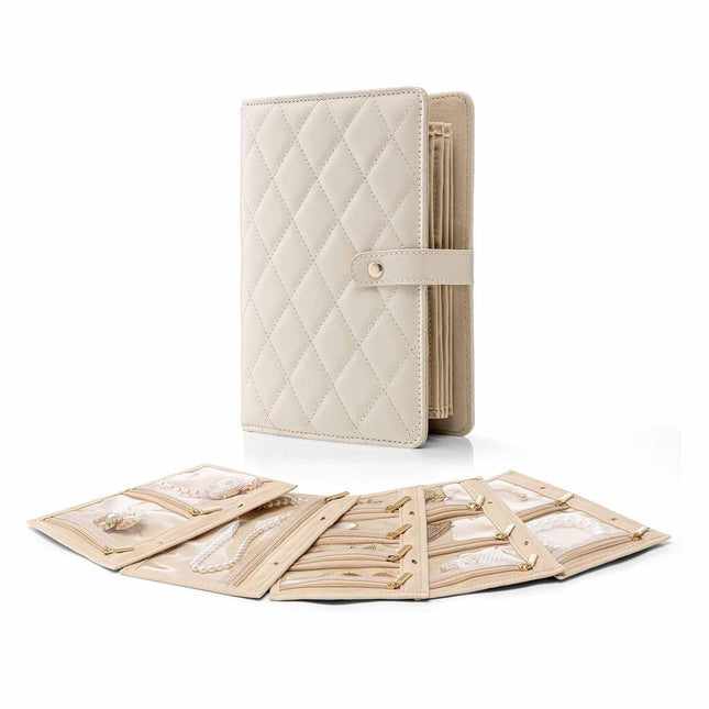 White Foldable Travel Jewelry Organizer - Velvet Zippered Case with Transparent Pages & Detachable Pouches.