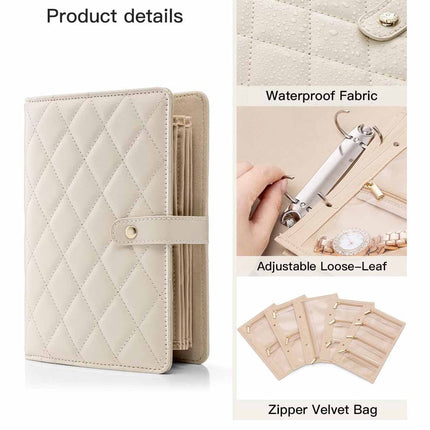 White Foldable Travel Jewelry Organizer - Velvet Zippered Case with Transparent Pages & Detachable Pouches.
