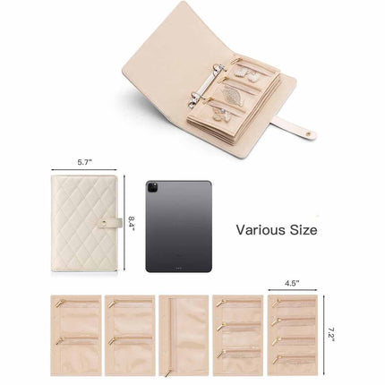 White Foldable Travel Jewelry Organizer - Velvet Zippered Case with Transparent Pages & Detachable Pouches.