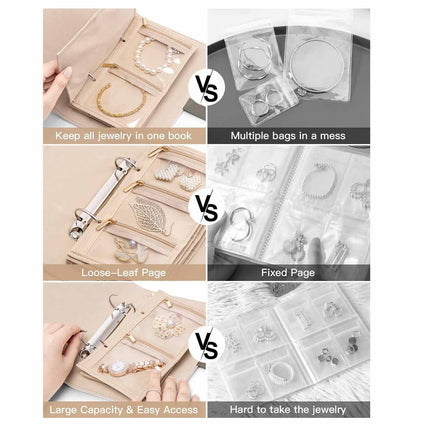 White Foldable Travel Jewelry Organizer - Velvet Zippered Case with Transparent Pages & Detachable Pouches.