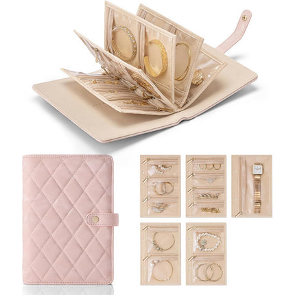 White Foldable Travel Jewelry Organizer - Velvet Zippered Case with Transparent Pages & Detachable Pouches.