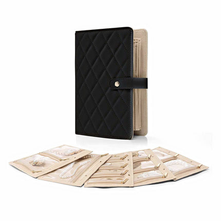 Black Foldable Travel Jewelry Organizer - Velvet Zippered Case with Transparent Pages & Detachable Pouches.