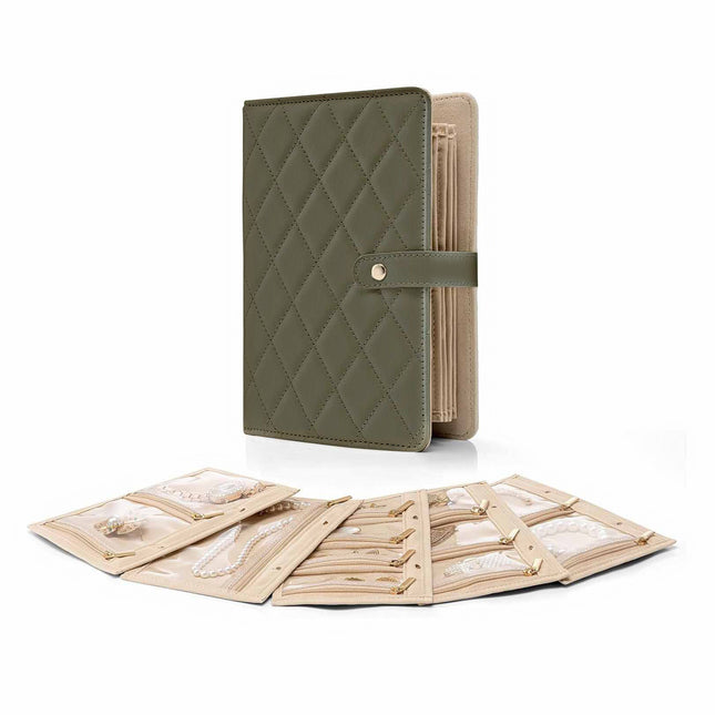 Green Foldable Travel Jewelry Organizer - Velvet Zippered Case with Transparent Pages & Detachable Pouches.