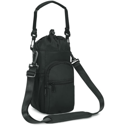 Black Insulated Cup Holder Bag with Adjustable Strap - Water Bottle Carrier with Lock Drawstring & Heatproof Handle.