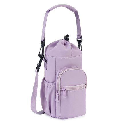 Purple Insulated Cup Holder Bag with Adjustable Strap - Water Bottle Carrier with Lock Drawstring & Heatproof Handle.